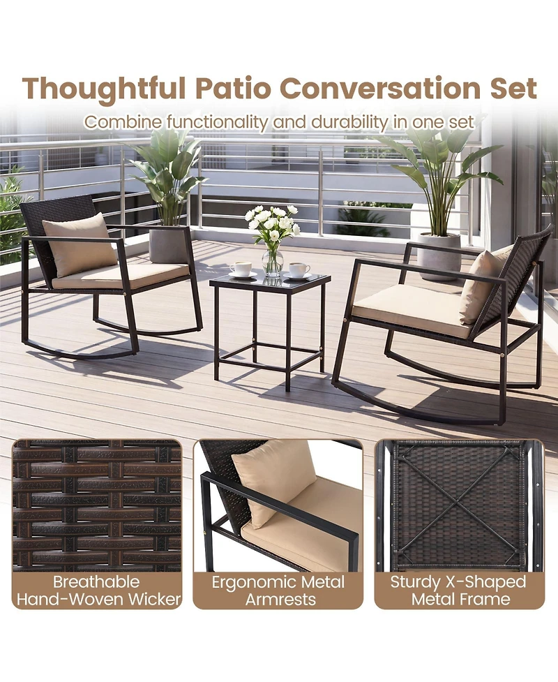 Gymax 3-Piece Outdoor Rocking Bistro Set Patio Rocking Chairs and Coffee Table Set