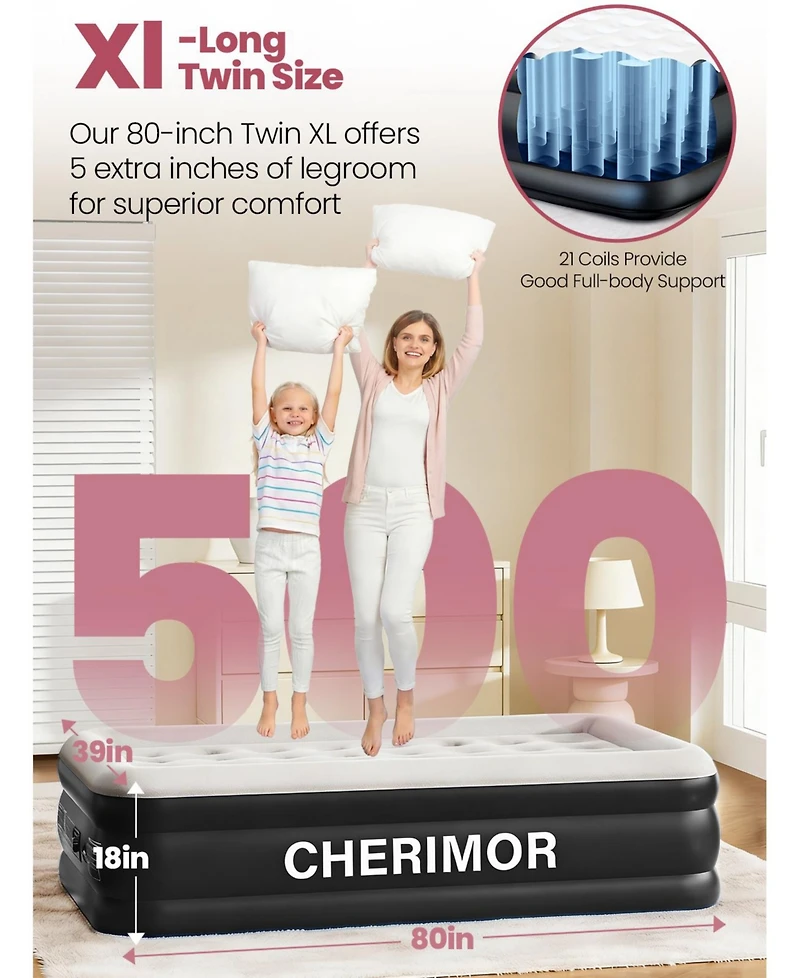 Cherimor 18" Full Air Mattress with Built-in Pump, 600-lb Capacity, Fast Inflation Guest Bed, Honeycomb Support