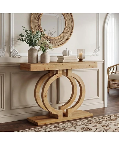 Tribesigns Solid Wood Console Table, 43.3" Natural Wood Entryway Table with Artistic Double-Circle Base, Narrow Sofa Accent Table