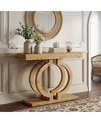 Tribesigns Solid Wood Console Table, 43.3" Natural Wood Entryway Table with Artistic Double-Circle Base, Narrow Sofa Accent Table