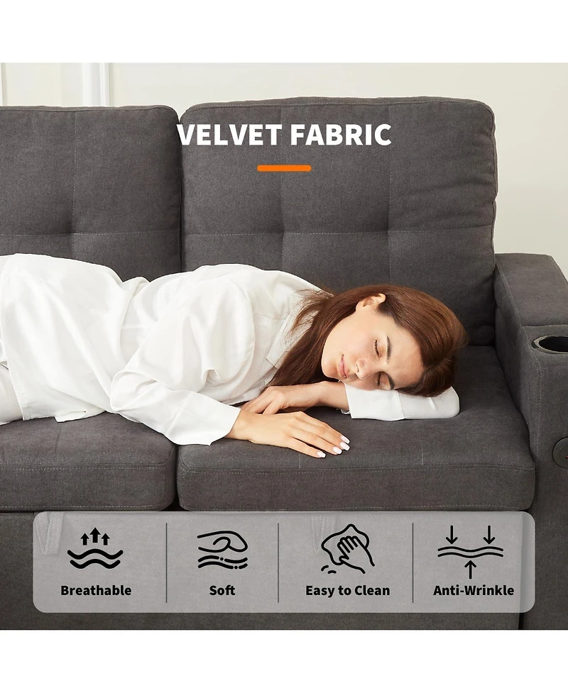 homfan Velvet Sectional Sofa Bed – Chaise Lounge Sleeper Couch with Usb Ports and Cup Holders for Living Room