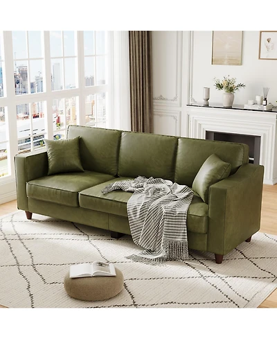 homfan 85 Inches 3-Seater Sofa with 2 Throw Pillows, Faux Leather Couch, Back Cushion, Support Feet for Living Room