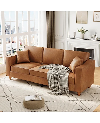 homfan 85 Inches 3-Seater Sofa with 2 Throw Pillows, Faux Leather Couch, Back Cushion, Support Feet for Living Room