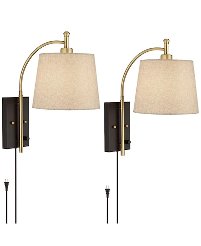 360 Lighting Chester Modern Swing Arm Wall Lamps Set of 2 Brass Plug-in Light Fixture Tan Drum Shade for Bedroom Bedside Living Room Reading