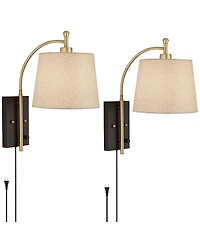 360 Lighting Chester Modern Swing Arm Wall Lamps Set of 2 Brass Plug-in Light Fixture Tan Drum Shade for Bedroom Bedside Living Room Reading