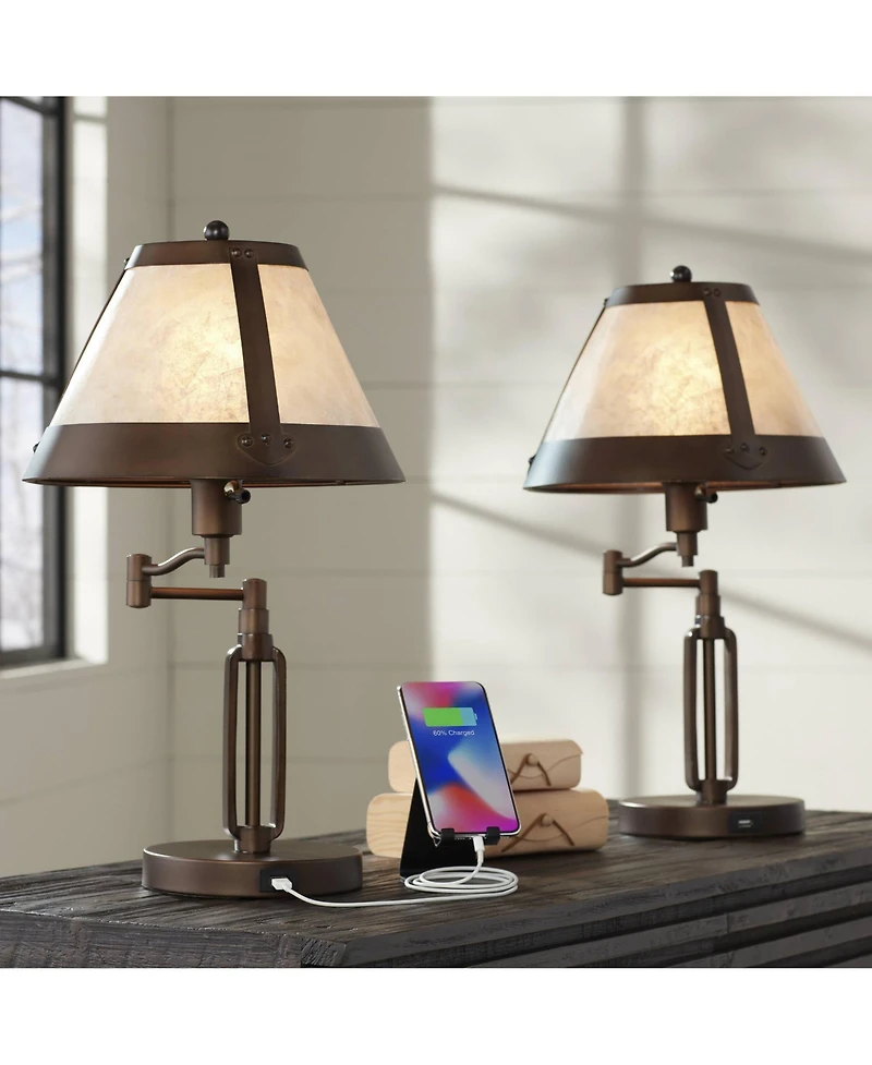 Franklin Iron Works Samuel Industrial Desk Lamps 21 1/4" High Set of 2 Bronze Swing Arm with Usb Charging Port Natural Mica Shade for Living Room Home