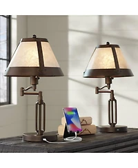 Franklin Iron Works Samuel Industrial Desk Lamps 21 1/4" High Set of 2 Bronze Swing Arm with Usb Charging Port Natural Mica Shade for Living Room Home