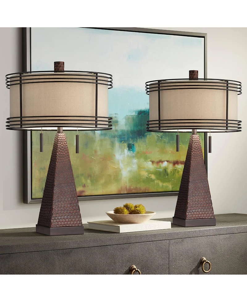 Franklin Iron Works Niklas 26" High Industrial Table Lamps Set of 2 Usb Port Pull Chain Bronze Finish Metal Charging