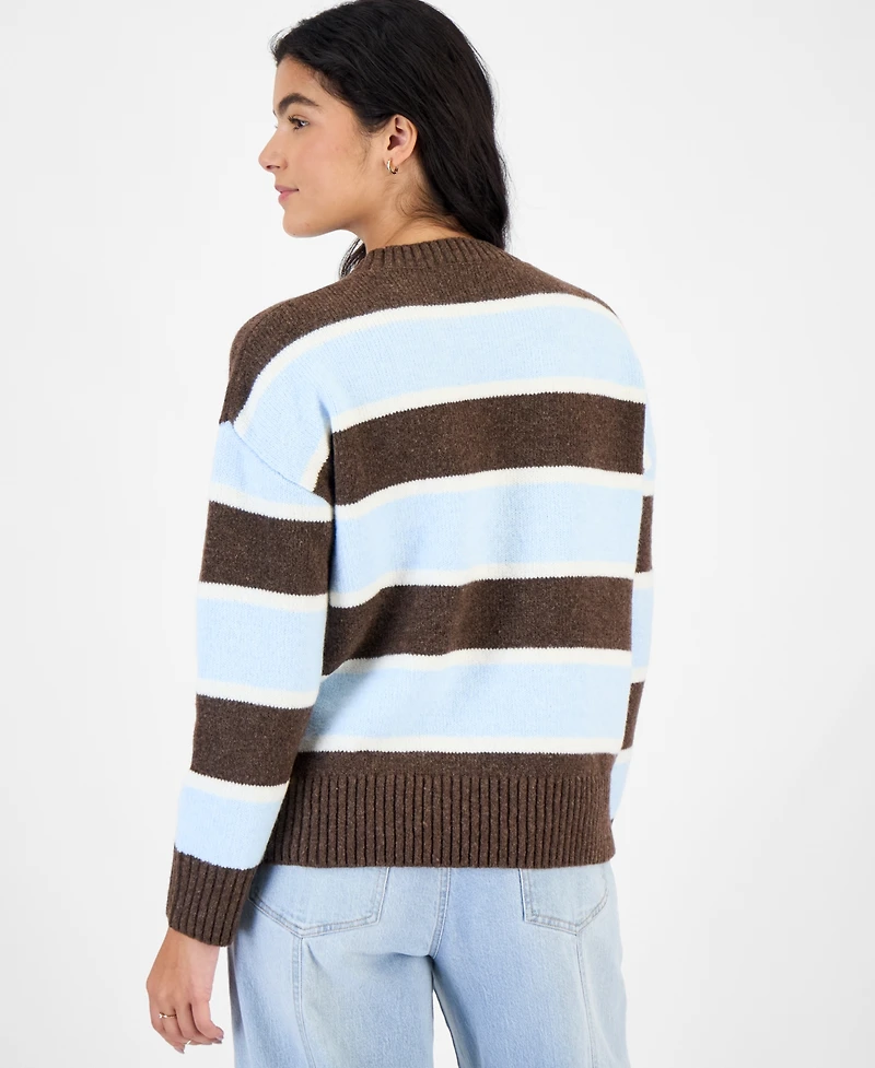 Hippie Rose Juniors' Stripe Oversized Crewneck Drop-Shoulder Sweater