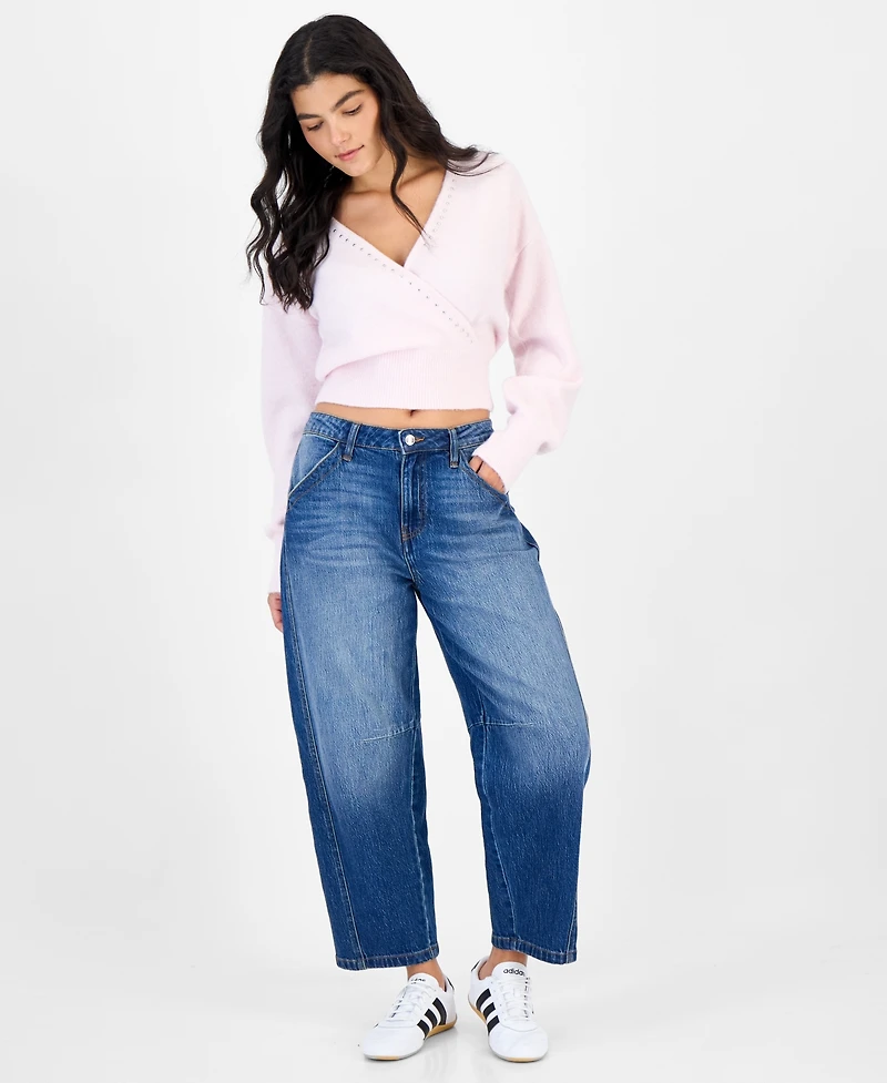 Hippie Rose Juniors' Surplice Studded Pullover Sweater