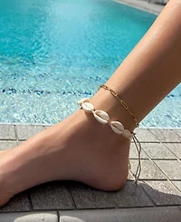 Adornia Tarnish Resistant Gold Set of 2 Adjustable Shell and Paperclip Link Anklet Set
