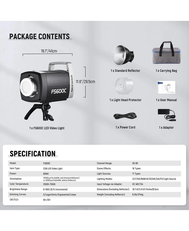 Neewer TLCI97 Led Video Light with 600W, 7500K, CRI95