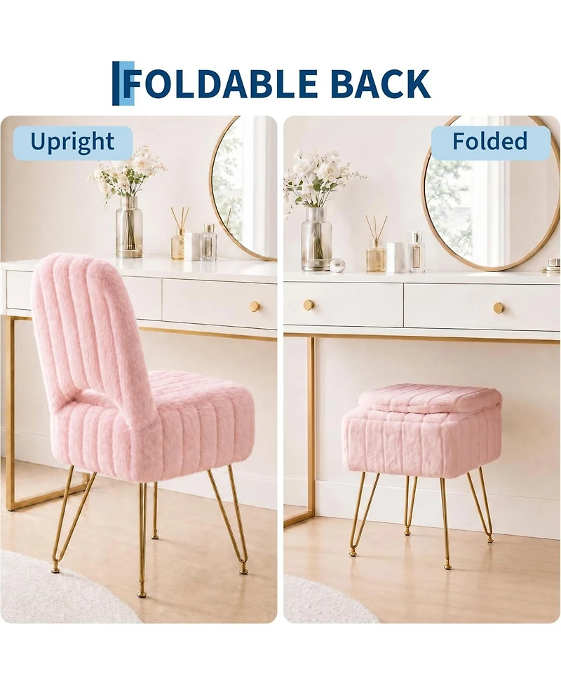 gaomon Vanity Stool Chair with Backrest, Square Ottoman with Hidden Storage Compartment, Soft Faux Fur Fabric, 280 Lbs Weight Capacity