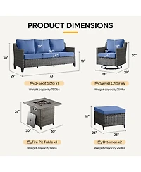 Pocassy 8 Piece Outdoor Furniture Set with Fire Pit Table, Wicker Conversation Set with Cushions and Swivel Glide, All Weather Patio Furniture Set