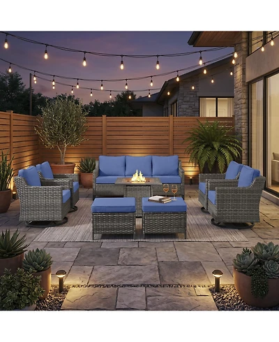 Pocassy 8 Piece Outdoor Furniture Set with Fire Pit Table, Wicker Conversation Set with Cushions and Swivel Glide, All Weather Patio Furniture Set