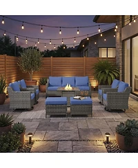 Pocassy 8 Piece Outdoor Furniture Set with Fire Pit Table, Wicker Conversation Set with Cushions and Swivel Glide, All Weather Patio Furniture Set