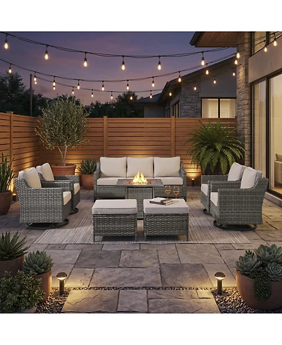 Pocassy 8 Piece Outdoor Furniture Set with Fire Pit Table, Wicker Conversation Cushions and Swivel Glide, All Weather Patio