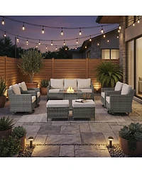 Pocassy 8 Piece Outdoor Furniture Set with Fire Pit Table, Wicker Conversation Cushions and Swivel Glide, All Weather Patio