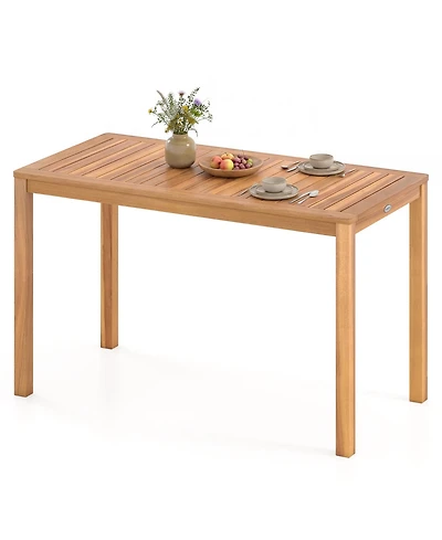 Gymax Outdoor Acacia Wood Dining Table with Slatted Tabletop for Garden Balcony Deck