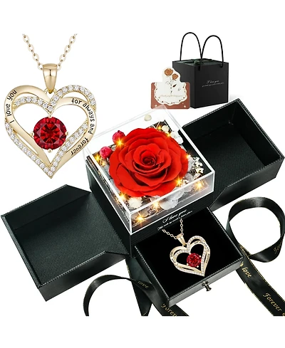 Lovery 5-Piece Preserved Rose with Led Lights, Double Heart Necklace and Acrylic Box Gift Set