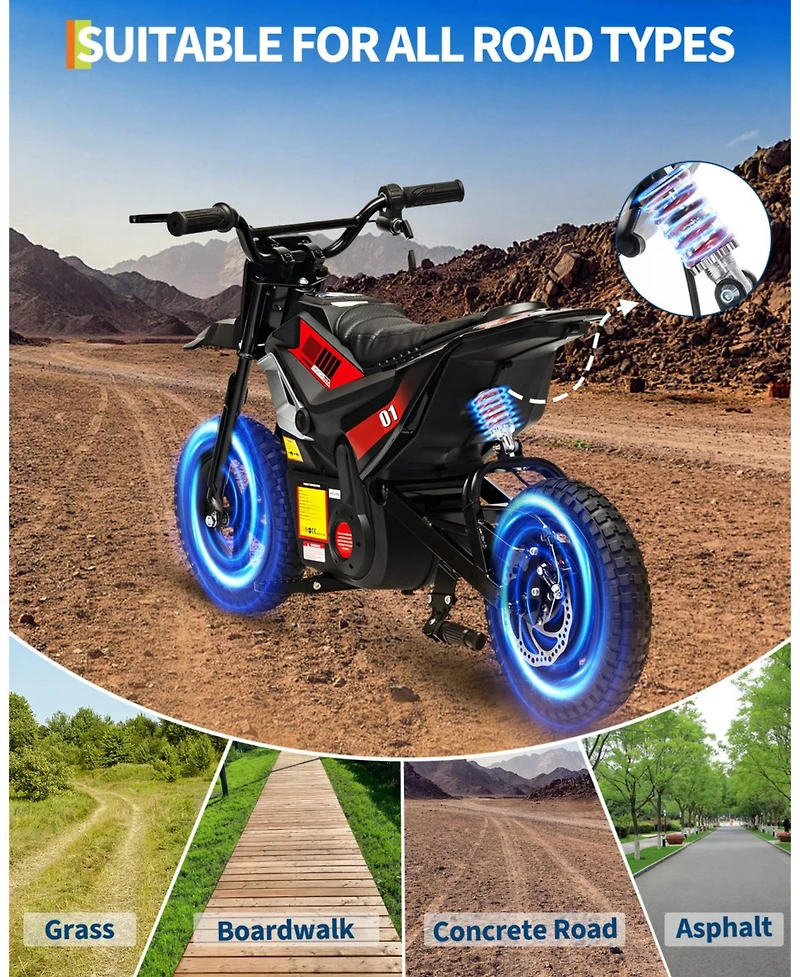 homfan 45.7 x 21.3 26.4 Inch Kids Electric Ride On Motorcycle 24V Battery Powered Toy Bike with 350W Motor for Outdoor Riding