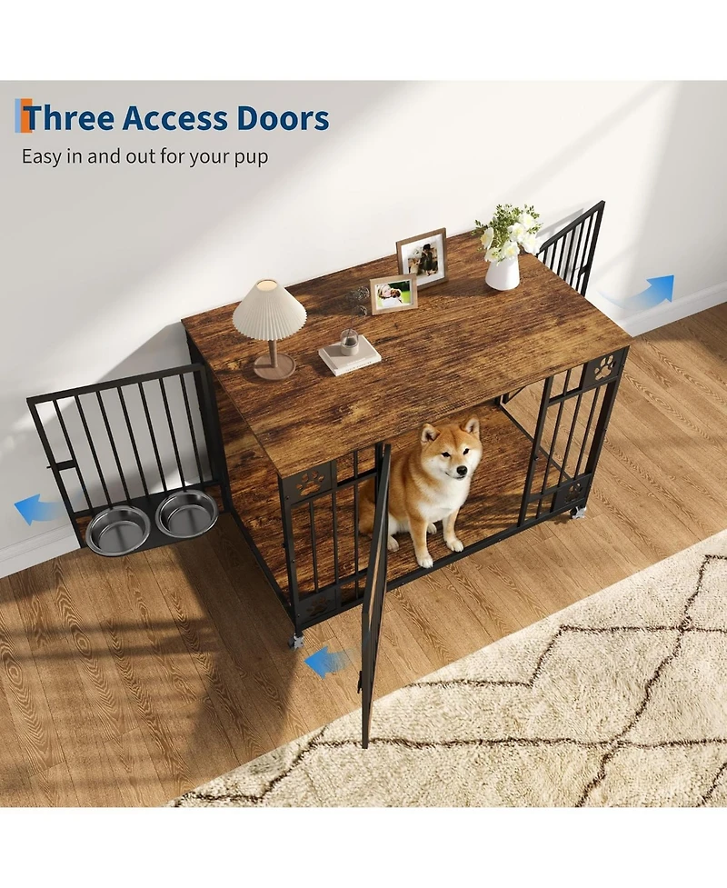 homfan 41 Dog Crate Furniture with Triple Doors and Feeder – Indoor Pet Kennel with 2 Bowls, Lockable Wheels, Bolt-Latch Doors