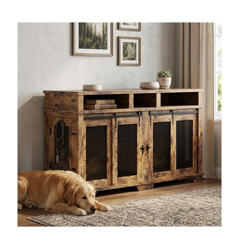 homfan 71 Double Dog Crate Furniture with Divider and 3 Drawers Extra Large Wooden Pet Kennel