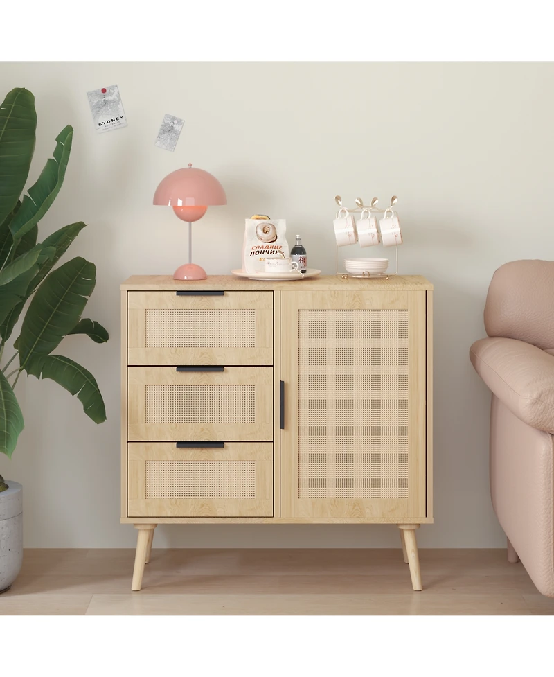 Flynama Modern Rattan Wood Dresser 3 Drawer Storage Cabinet with Adjustable Shelf Anti Tip