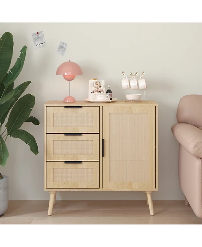 Flynama Modern Rattan Wood Dresser 3 Drawer Storage Cabinet with Adjustable Shelf Anti Tip