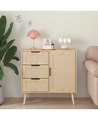 Flynama Modern Rattan Wood Dresser 3 Drawer Storage Cabinet with Adjustable Shelf Anti Tip