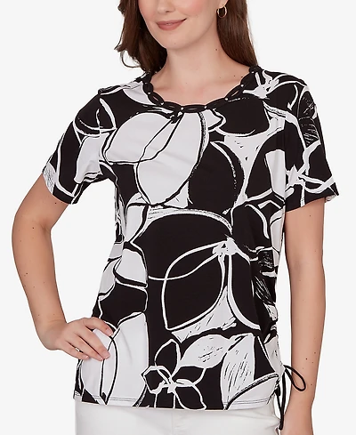 Alfred Dunner Women's Abstract Floral Embellished Side-Tie Top