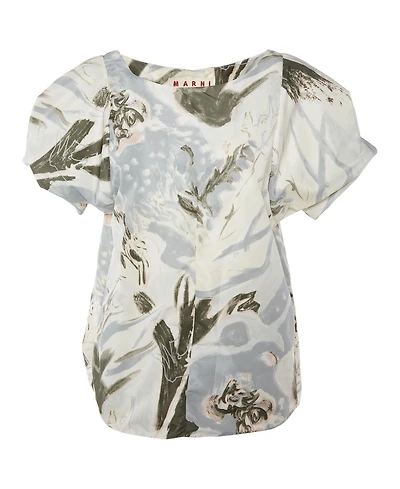 Pre-Owned Marni Women's Abstract Print Oversized Sleeve Satin Top