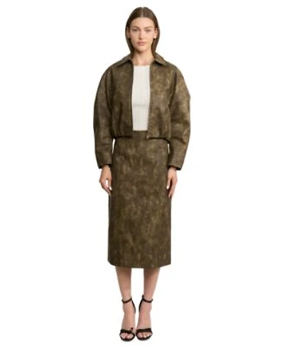 En Saison Womens Olive Front Zipper Jacket Olive Zipper Midi Skirt