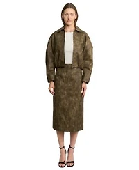 En Saison Womens Olive Front Zipper Jacket Olive Zipper Midi Skirt