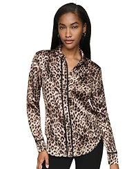 Dkny Petite Printed Satin Long-Sleeve Collared Top