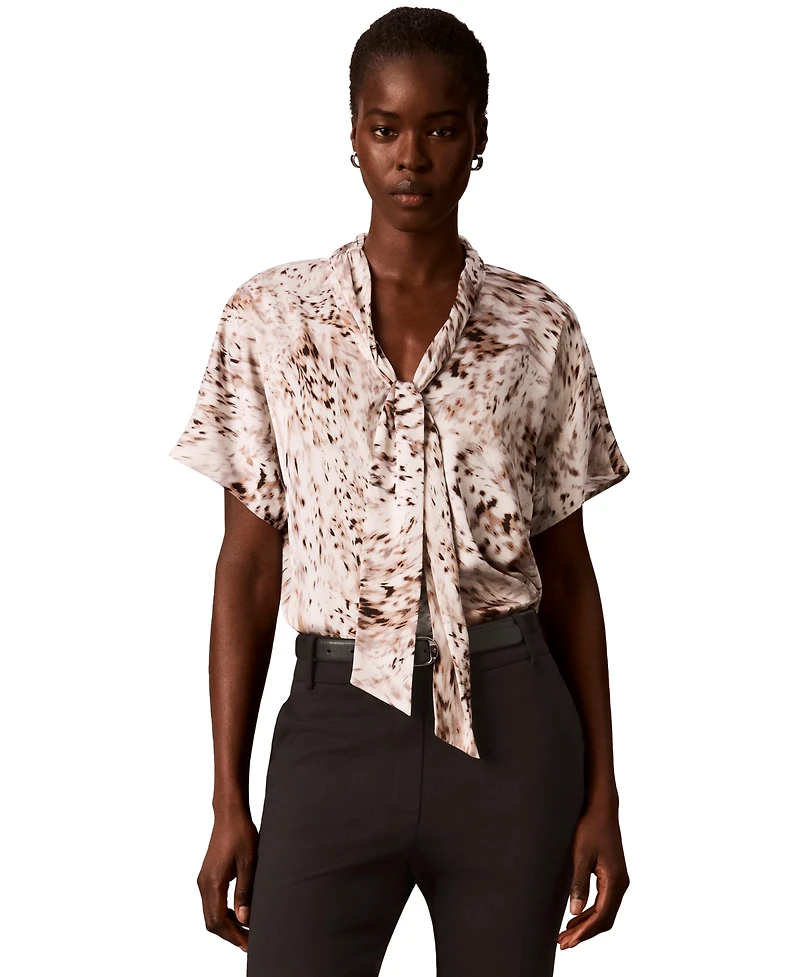 Calvin Klein Women's Printed Flat Satin Tie-Neck Blouse