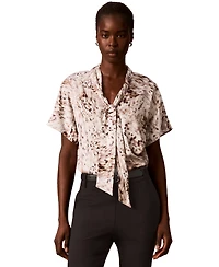 Calvin Klein Women's Printed Flat Satin Tie-Neck Blouse