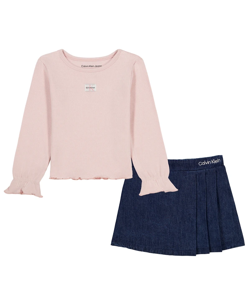 Calvin Klein Girls' 2T-6X Long-Sleeve Top and Denim Skort, 2-Piece Set