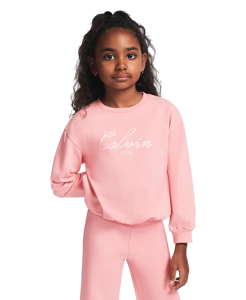 Calvin Klein Girls' 2T-6X Crewneck Sweatshirt and Pants, 2-Piece Set