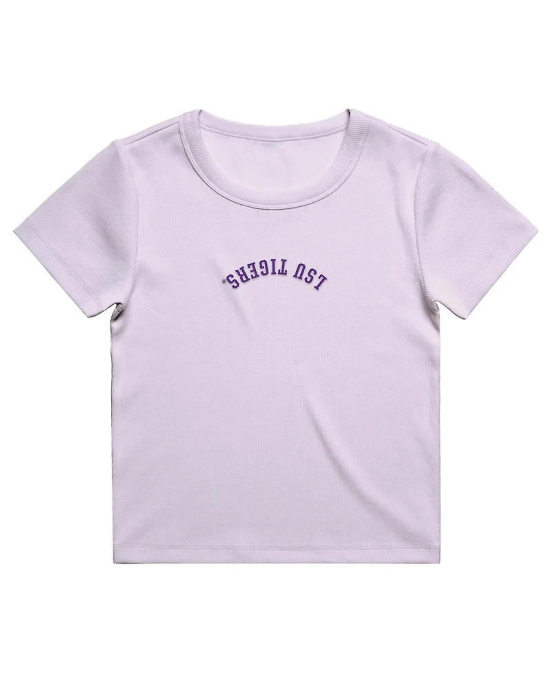Uscape Apparel Women's Purple Lsu Tigers Upside Down Embroidery Ribbed Cropped T-Shirt