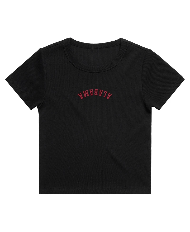 Uscape Apparel Women's Black Alabama Crimson Tide Upside Down Embroidery Ribbed Cropped T-Shirt