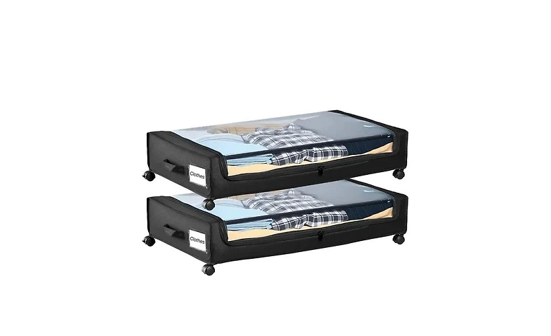 Viyet 2-Pack Rolling Underbed Storage Bins - Metal Frame Shoe and Clothes Organizer with Clear Lid