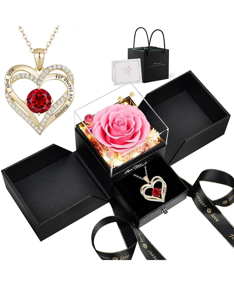 Lovery 5-Piece Preserved Rose with Led Lights Double Heart Necklace and Acrylic Box Gift Set