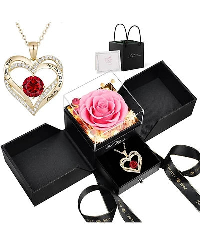Lovery 5-Piece Preserved Rose with Led Lights Double Heart Necklace and Acrylic Box Gift Set