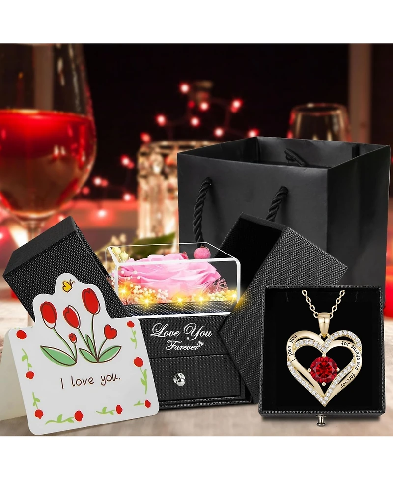 Lovery 5-Piece Preserved Rose with Led Lights Double Heart Necklace and Acrylic Box Gift Set