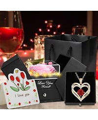 Lovery 5-Piece Preserved Rose with Led Lights Double Heart Necklace and Acrylic Box Gift Set