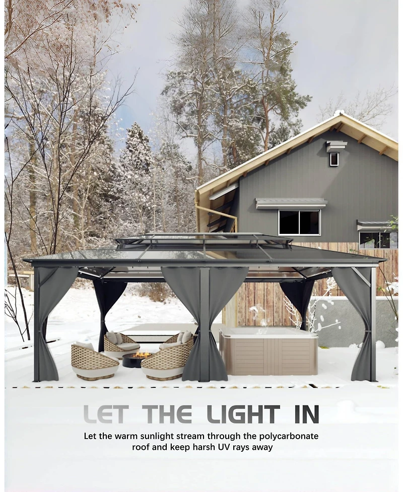 homfan 12 x 20 Ft Hardtop Gazebo with Double Roof and Aluminum Alloy Frame and Pc Panels for Patio, Deck, Backyard, Lawn, and Garden