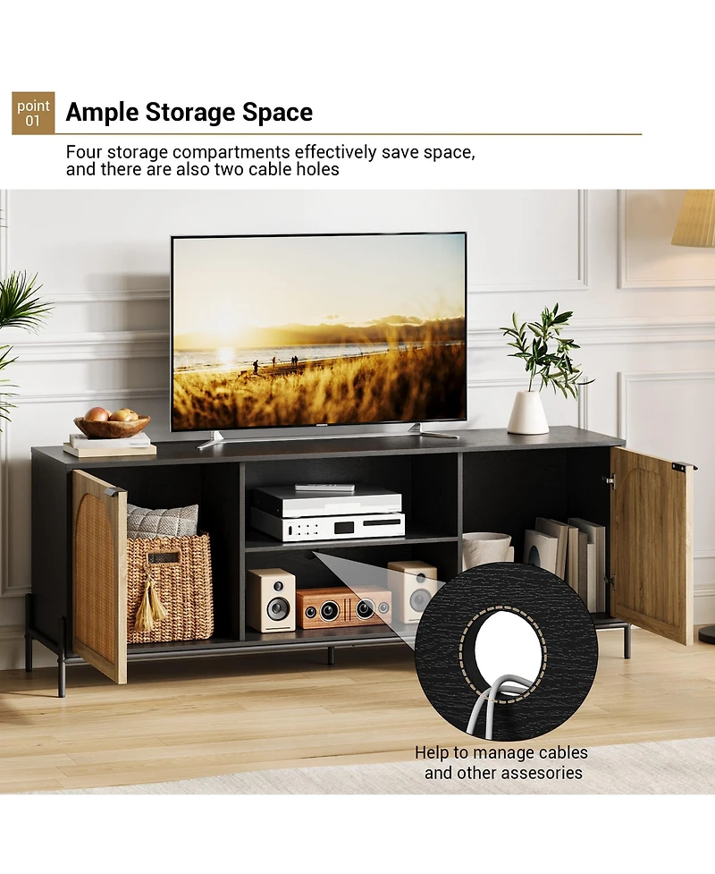 homfan Rattan Door Tv Stand Media Console with Adjustable Shelving Open Storage and Cable Management Stable Leveling Feet, Modern Entertainment Center