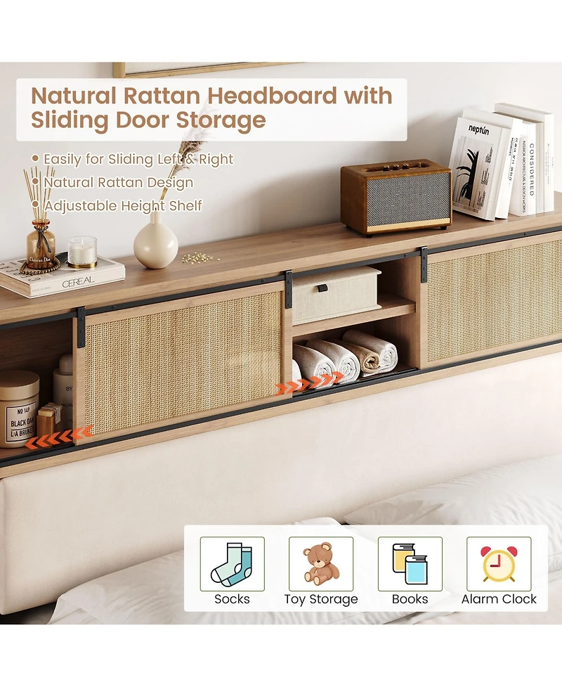 homfan King Size Oak and Rubber Wood Rattan Platform Bed, Noise-Free Pine Slat Support Bed Frame, Tool-Free Quick Assembly Bedroom Bed