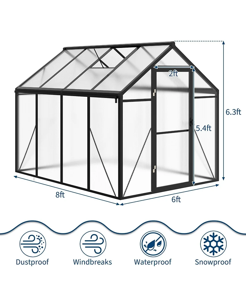 Homfan 8 x 6 Ft Aluminum Frame Greenhouse with Pc Panels, Outdoor Plant Growing Tent with Hinged Door and Vents